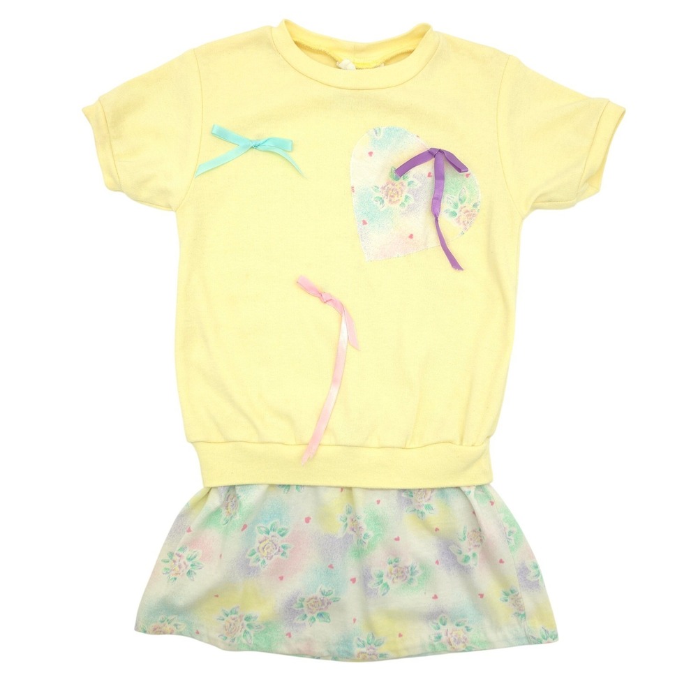 My Traci Lynn Girls Dress Heart Floral Ribbon Pastel Yellow Vintage 80s Size 8